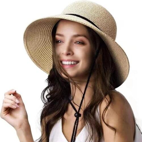 Summer Women Seaside Beach Travel Cap Foldable Wide Brim Sun Straw Hat with Wind Lanyard UV UPF Protection Lady Sun Hats Chapeau