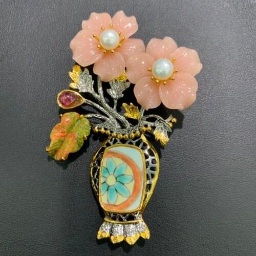 Natural semi-precious stone and fresh water pearl flower brooch & pendant double use porcelain vase brooch vintage fashion jewel