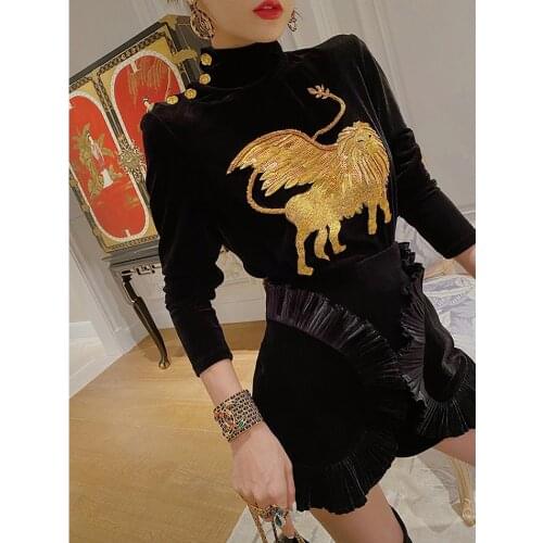 Ailigou Luxury Sequin Embroidered Lion Velvet Turtleneck Top Ladies Long Sleeve T-Shirt Solid Color Winter Velvet Ladies Shirt