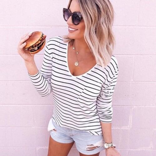 Ladies White Wtriped Bottoming Shirt Tops Pullover Long-sleeved T-shirt Womens Casual Tshirt Spring Autumn Tops 2021 Autumn New