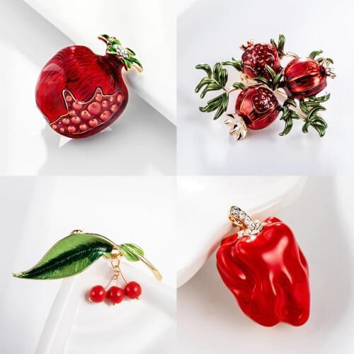 Trendy Enamel Fruit Shape Red Pomegranate Brooch for Women Green Leaf Cherry Brooches Suit Lapel Pin Clothing Scarf Badges