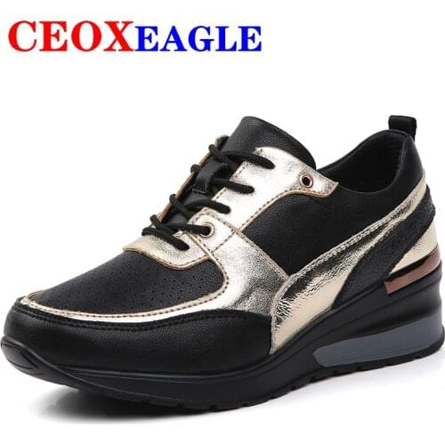 Genuine Leather Women Sneakers Ladies Black Wedges Shoes Elegant Comfort Thick Sole Height Increasing Platform Zapatos De Mujer
