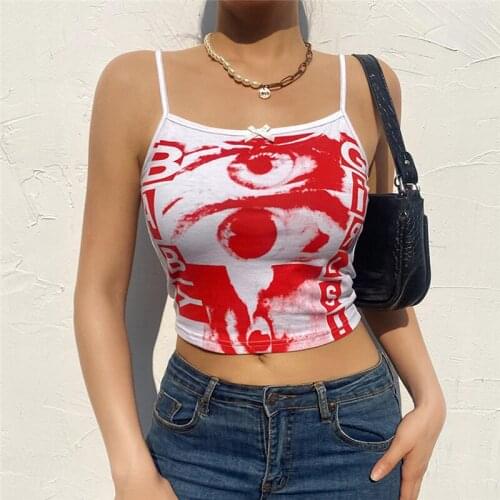 Women Sexy Crop Cami Tops, Sleeveless Spaghetti Strap Eye Letter Print Slim Fit Camisole, Black/White, S/ M/ L
