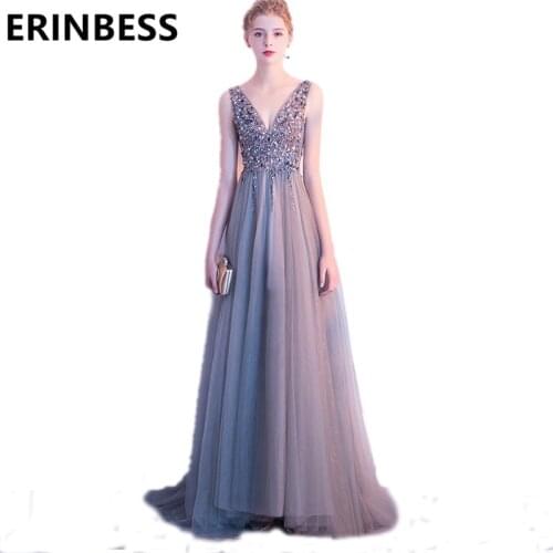 Robe De Soiree 2020 New Sexy V Neck Beaded Silver Prom Dresses A Line Long Women Formal Party Gowns