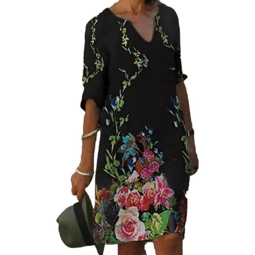 Summer Dress Women Dress Casual Floral Print V Neck Summer Half Sleeve Loose Dress Geometric Print Short Sleeve Dress Beachwear