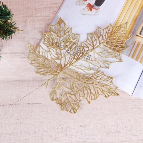 10PC Glitter Artificial Flowers Leaves Christmas Tree Decor Hanging Ornament Hollow Out Leaves christmas decoration for home