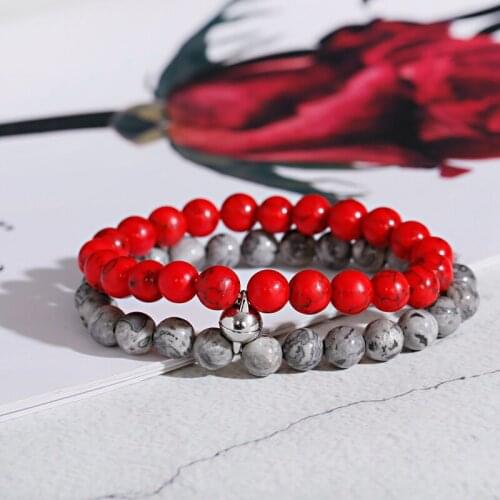 2pcs/set Classic Couple Bracelet Gray Stone Beads Bracelet Women Masculina Bileklik Lovers Distance Bracelet Men Valentines Day