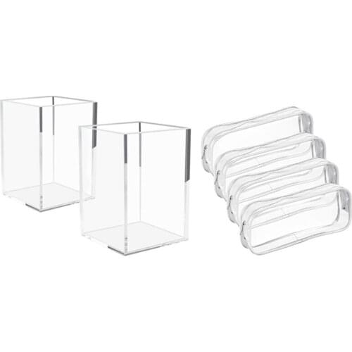 2 Pcs Acrylic Pen Holder Clear Desktop Pencil Organizer & 4 Pcs Zipper Pen Pencil Case,Pencil Bag Makeup Pouch