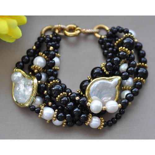 Z10079 6Row 8" 30mm White Coin Pearl & Black Agate Bracelet