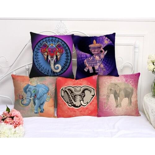 Decorative Pillow Case Cartoon Elephant Painting Pillowcase 17.5 Inches Cotton Linen Chair Seat Throw Pillow Cover A1135