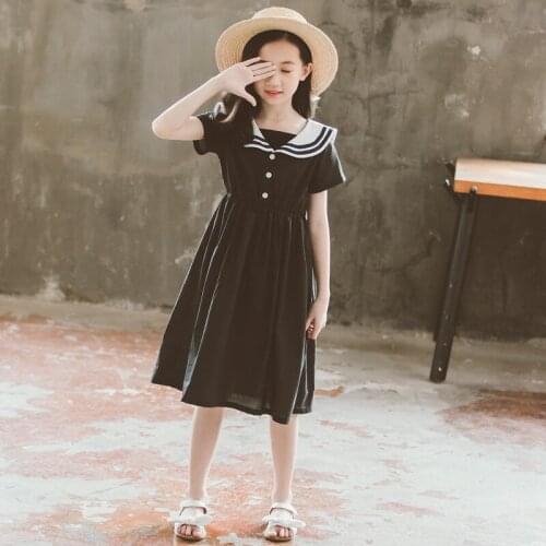 Big kids Dress Summer Navy Contrast Color Collar Dress 2021 Summer Student Short-sleeved Performance Dress mid-length