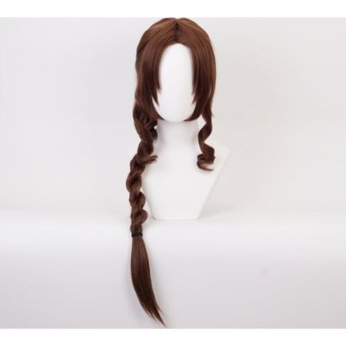 Final Fantasy VII Aerith Cosplay Wigs FF7 Cosplay Brown Long Curly Ponytail Wig Heat Resistant Synthetic Hair Game + Wig Cap