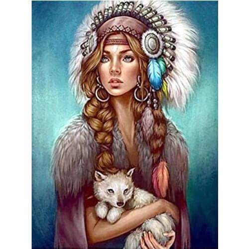 Indian Woman and Young Wolf Diamond Painting Portrait Round Full Drill Nouveaute DIY Mosaic Embroidery 5D Cross Stitch Gifts