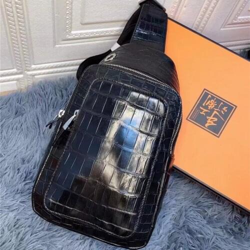 Authentic Crocodile Belly Skin Mens Casual Chest Bag Messenger Bag Genuine Real Alligator Leather Male Crossbody Shoulder Bag