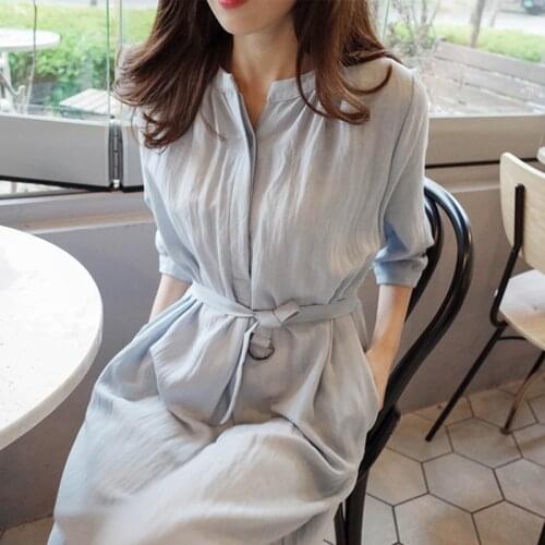 2021 Autumn New Korean Fashion Small Fresh Mid-length Dress Temperament Simple Loose Lace-up Shirt Women