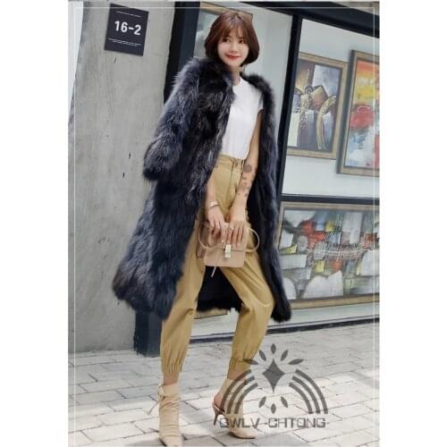 NEW Real genuine natural raccoon fur coat women fashion long jacket ladies 100CM length V-neck warm overcoat outwear