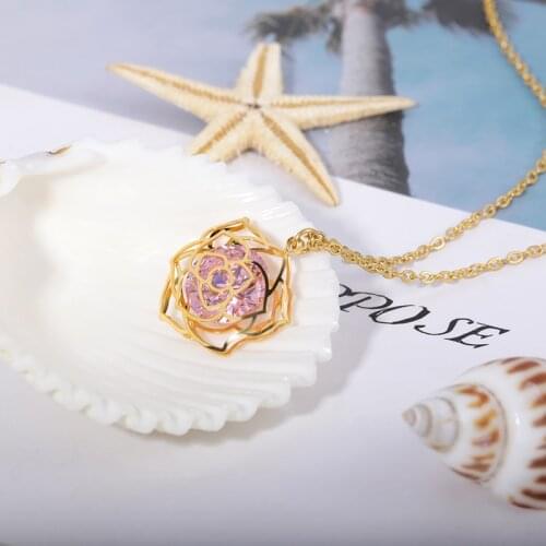 Necklace for Women Chain Stainless Steel New Design Charm Pink Gemstone Zircon Hollow Lotus Couple Pendant Jewelry Birthday Gift