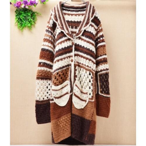 1.5KG heavy thick top quality 100% wool hand knitted crocheted stripes long slim vintage cardigans button winter jacket coat