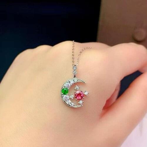 Natural gemstone pendant S925 silver Natural red green tourmaline Pendant Necklace trendy moon stars women party gift jewelry