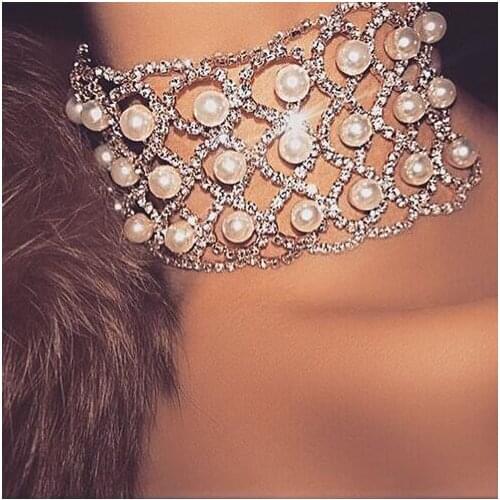 Luxury Rhinestone Choker Crystal Maxi Statement Necklace 2017 Simulated-pearl necklaces Wedding Chokers Necklace Fashion Jewelry