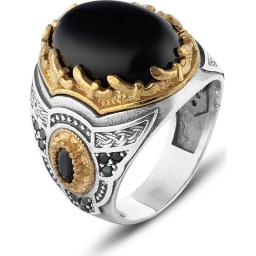Black Onyx 925 Sterling Silver Engraved Men 'S Ring