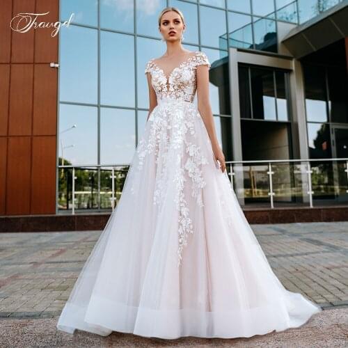 Traugel Illusion Scoop A Line Lace Wedding Dresses Elegant Cap Sleeve Bridal Dress Court Train Wedding Gowns for Bride Plus Size