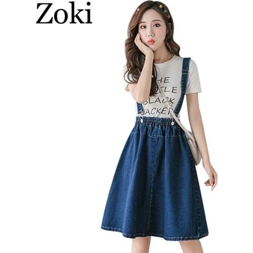 Zoki Plus Size S-4XL Women Denim Strap Skirt Elegant Summer Korean Elastic High Waist A-line Midi Skirt Jeans Faldas Mujer Moda