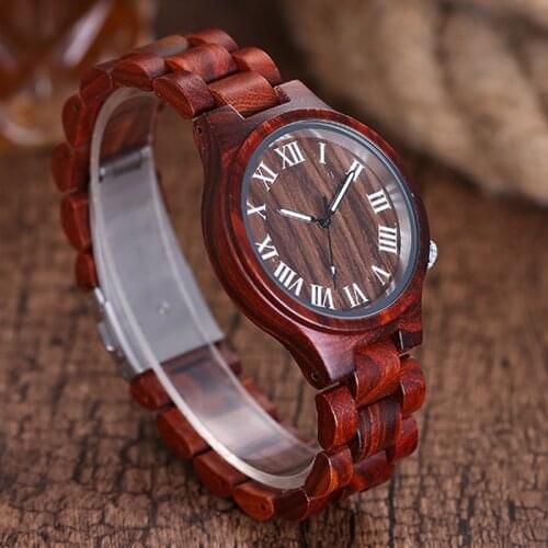 Women Wood Watch Roman Numbers Dial Wrist Watches Rose Wood Customized Ladies Quartz Wristwatch Dress Wooden Case Clock for Gift