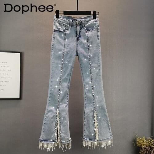 High-waist Stretch Pearl Denim Womens Trousers Spring 2021 Slim-fit Diamond-studded Beaded Flared Jeans Female