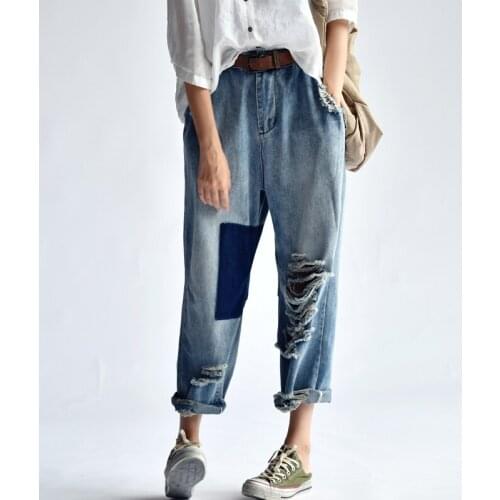 MICOCO N9973C Literary retro collision color holes nine minutes of foreign style jeans female