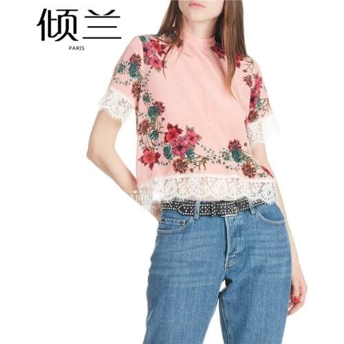 Patads French womens s s spring summer printed silk lace top Valeria e11329e