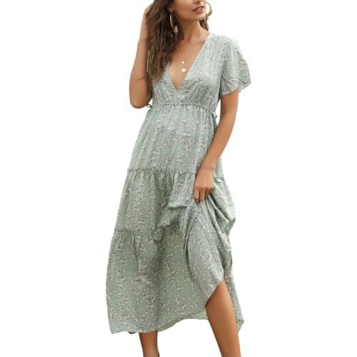 Women Summer Bohemian Dress Full Floral Deep V-Neck Short Sleeves Loose Dress with Slit Hem Elegant Holiday Boho Sundress