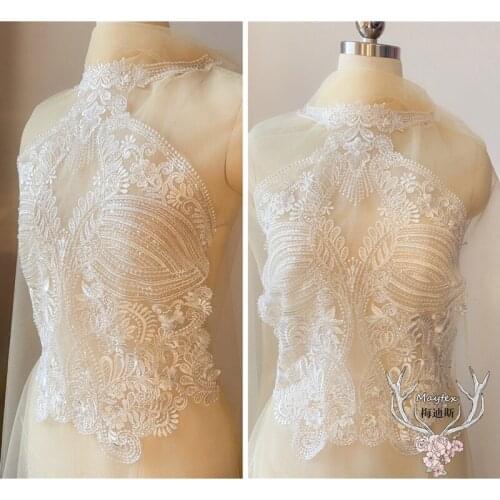 1 PC Ben White Millet Beads Neckline Applique Couture Wedding Dress Sheath Neck Luxury Lace Fabric Embroidery