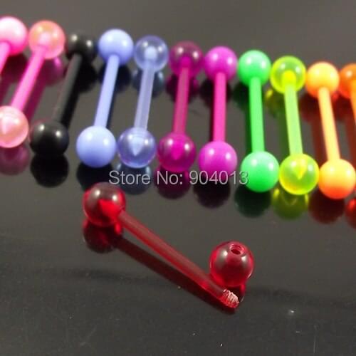 5pcs Free Shipping 1.6*19*6/6mm mixed multi colors UV acrylic flexible piercing tongue barbell body jewelry