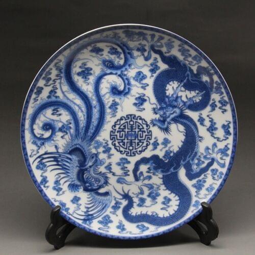 8" Chinese Blue and white Porcelain painted dragon phoenixPlate w Qianlong Mark