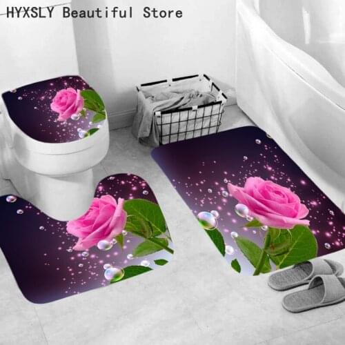 Digital Print Pink Rose Kitchen Mat Anti-slip Cloth Living Room Balcony Bathroom Carpet Pedestal Rug Lid Toilet Cover 3PCS Set