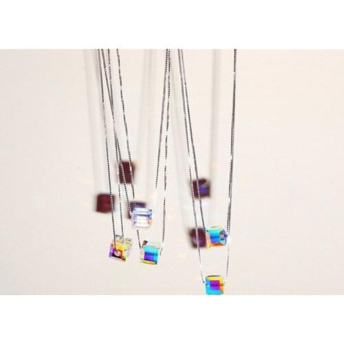 Hot Real 925 Sterling Silver Cute Candy Square Austria Crystal Cube Box Chain Female Pendant Necklace Fashion Elegant Jewelry