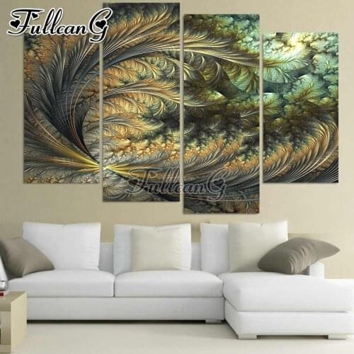 FULLCANG Abstract golden feather 4 piece diy diamond painting full square/round drill 5d mosaic embroidery multi-picture FC2336