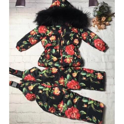 Real raccoon fur 2019 winter jacket child suit jacket+pant twinset boy & girl ski suits children down jacket outerwear parka