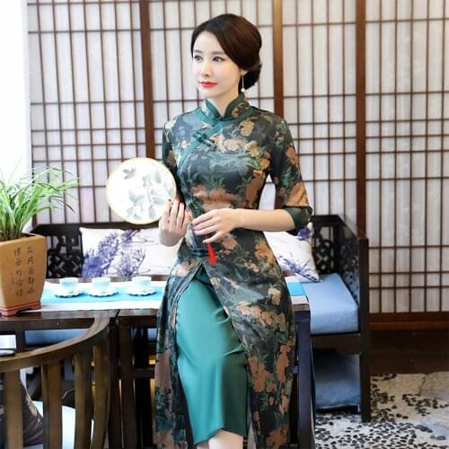 Summer New Retro Improvement Short-sleeved Silk Chinese Style Vietnamese Odie Slim Kapok Print Cheongsam Dress Plus Size M-3XL