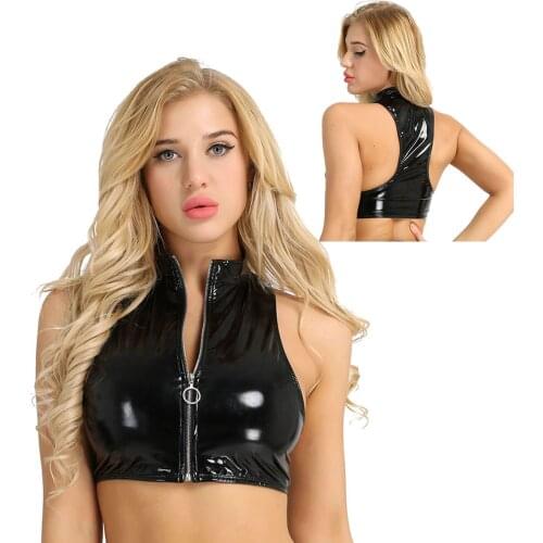 Hot Womens Fashion Clubwear Vest Top Wetlook Leather Sleeveless Stand Collar Zipper Moto Punk Crop Tops for High Streetwear