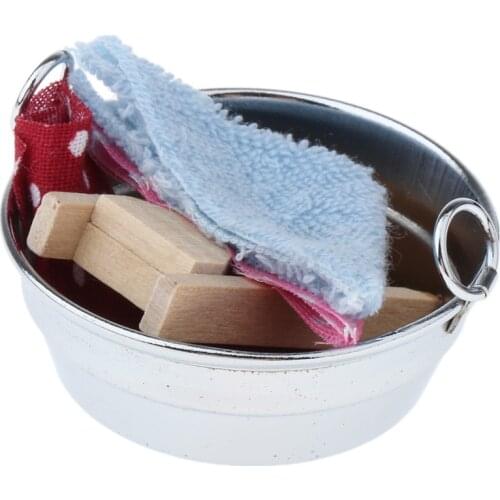 Miniature Iron Wash Tub (with Washing Board and Clothes) 1/12 Scale, for Dolls House Decoration, 5x5x2.5cm