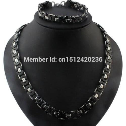New Fashion Good Gifts Flat Byzantine Chain Bracelet & Necklace Set Stainless Steel Mens Jewlery Set Black 8mm Wide
