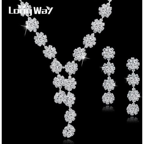 LongWay Crystal Wedding Jewelry Set Of Silver Color Fer Stud Earrings Pendant Necklace Set Bridal Jewelry Sets SET150004