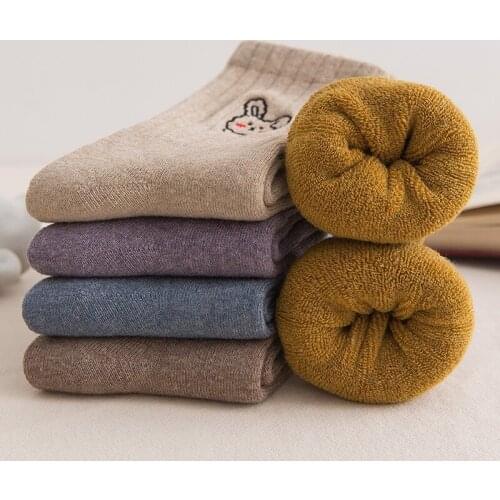 Cute Rabbit Printed Crew Socks Women Lolita Harajuku Thick Winter Warm Floor Plush Socks Japanese Fashion Cartoon Funny Sock