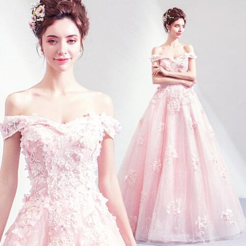 2020 New Fashion Pink A-line Short Sleeve Tulle Lace Flowers Beaded Luxury Evening Dresses Bride Banquet Party Prom Dress ND20