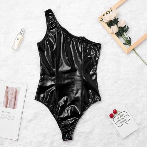 One shoulder Sexy Lingerie Plus Size Bodysuit Womens Zipper Sexy Underwear Faux Leather Teddy Porn Erotic Costumes Sex Lenceria