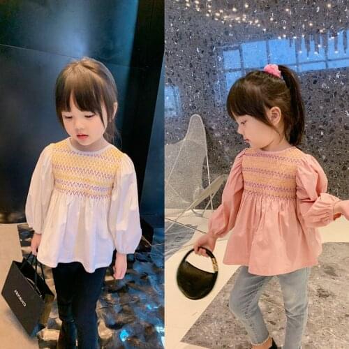 Girls' Autumn T-shirt 2021 New Sweet Round Neck Pleated Top Childrens Solid Color Casual Long Sleeve Top