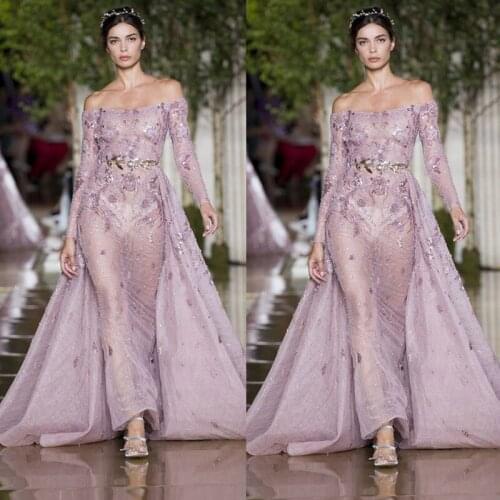 2021New Illusion Prom Dresses Sexy Off Shoulder Long Sleeve Sequined Evening Dress Runway Fashion Vestido de gala