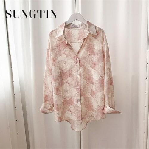 Sungtin Casual Tie Dye Loose Blouse Shirt for Women Striped Long Sleeve Thin Blouse Summer Fashion Button Up Shirt Camisas Mujer